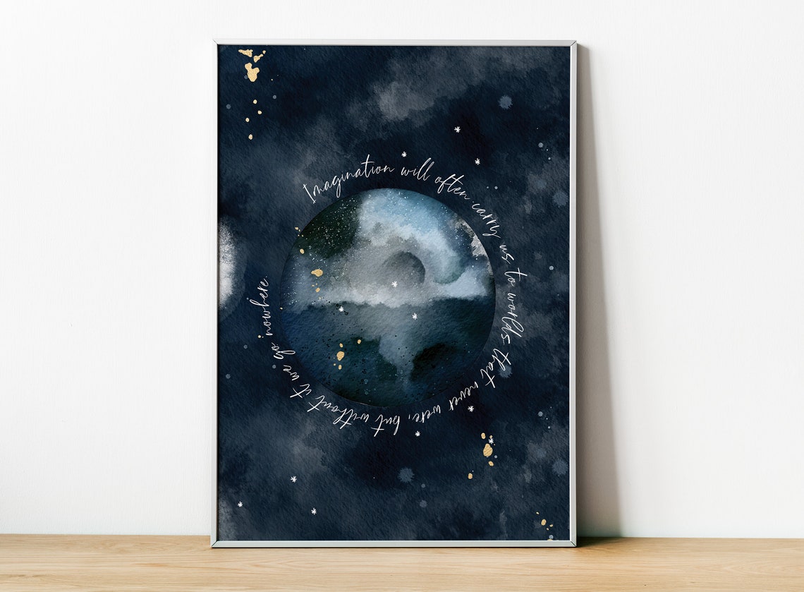 Carl Sagan Imagination Quote Moon Navy Watercolor Universe Poster