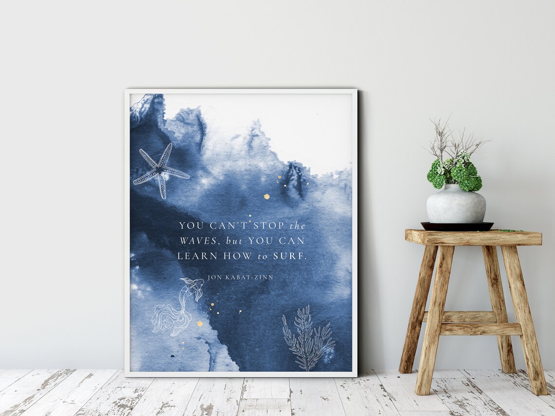 Jon Kabat Zinn Ocean Waves Quote Blue Watercolor Surf Inspirational Poster