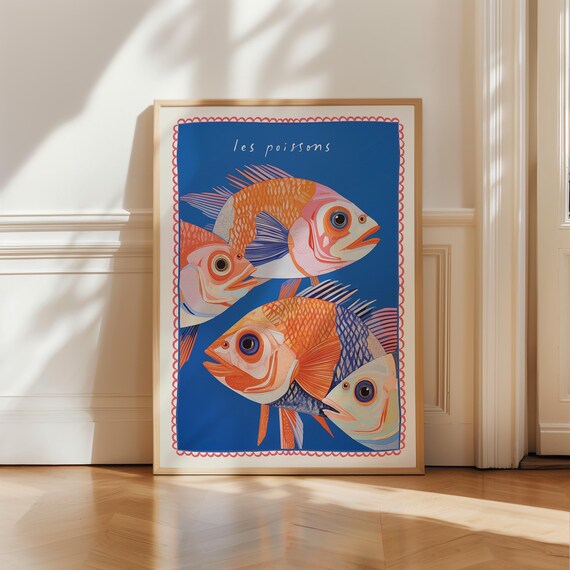 Les Poissons Print Fish Print French Food Beach Coastal Print Retro Seafood Art Maximalism Kitchen Art Aesthetic Kitchen Home Decor
