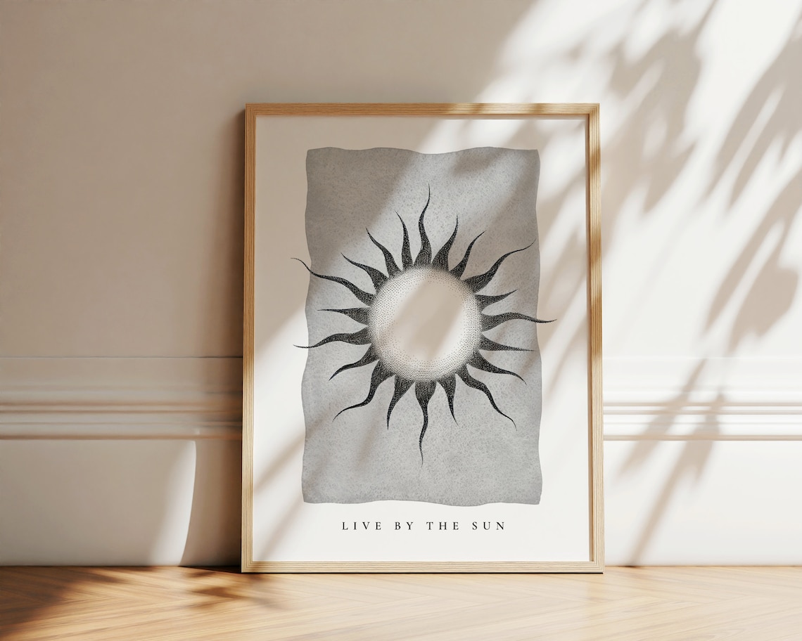 Live By The Sun Celestial Quote Print Minimalist Black White Sun Wall Art Poster