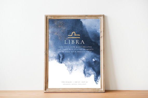 Libra Zodiac Gold Symbol Navy Watercolor Inspirational Quote Wall Print