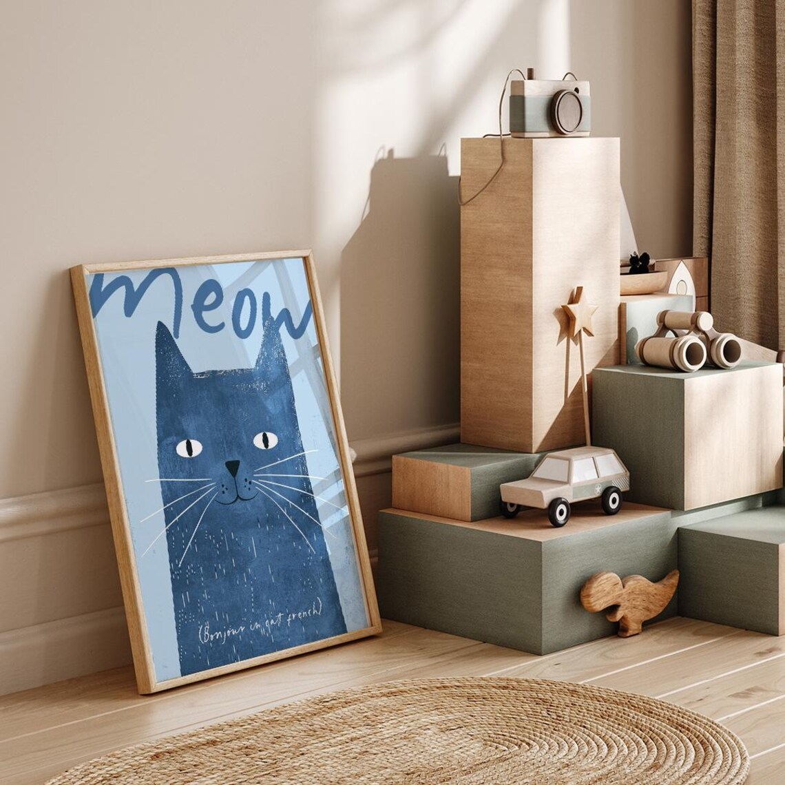 Meow Blue Cat French Bonjour Cute Nursery Kids Animal Wall Poster - Image 3