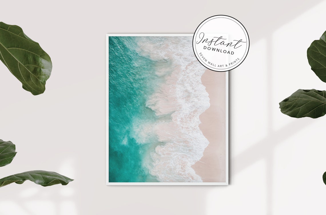 Turquoise Ocean Waves Pink Sand Beach Aerial Coastal Photography Print - Image 2