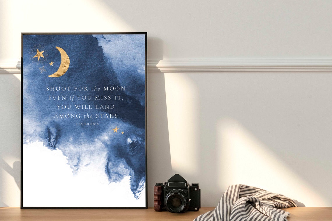Shoot For The Moon Les Brown Quote Blue Watercolor Night Sky Poster - Image 3