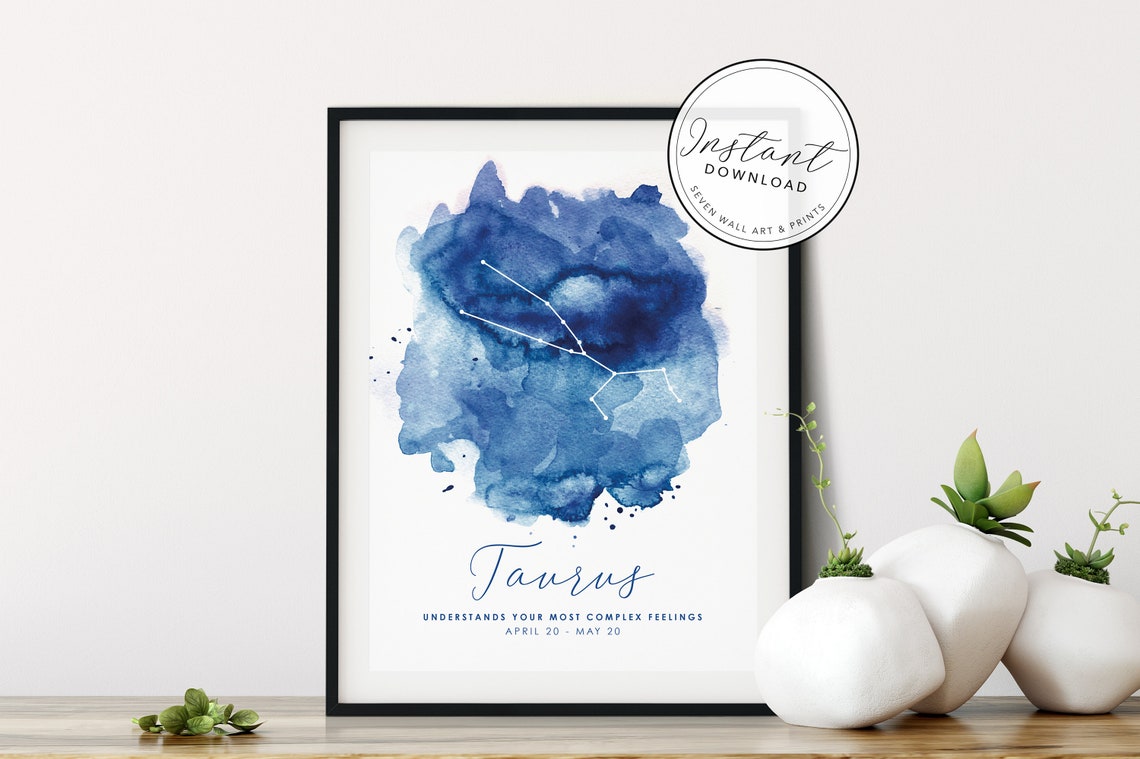 Taurus Zodiac Constellation Blue Watercolor April Star Sign Poster