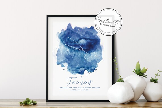 Taurus Zodiac Constellation Blue Watercolor April Star Sign Poster