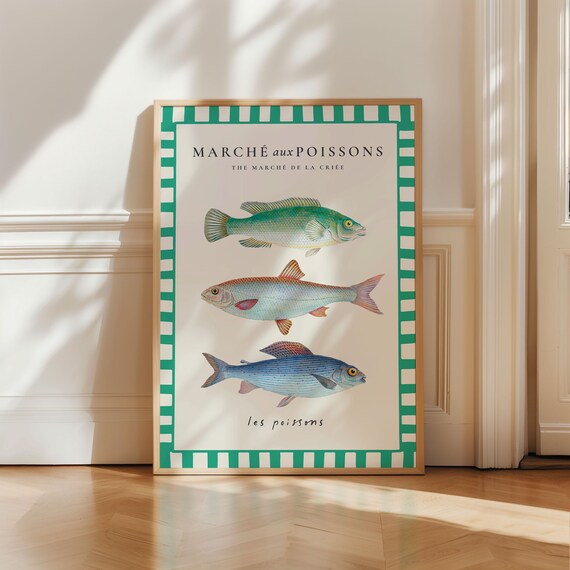 Les Poissons Print Fish Print French Food Beach Print Retro Seafood Art Illustration Kitchen Art Aesthetic Kitchen Green Home Decor