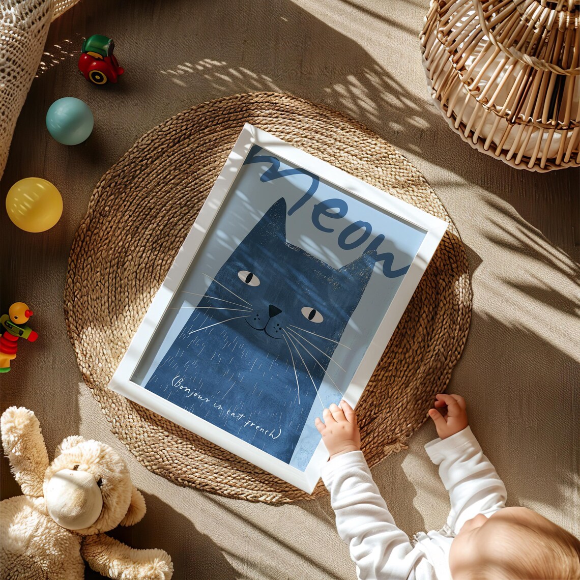 Meow Blue Cat French Bonjour Cute Nursery Kids Animal Wall Poster - Image 2