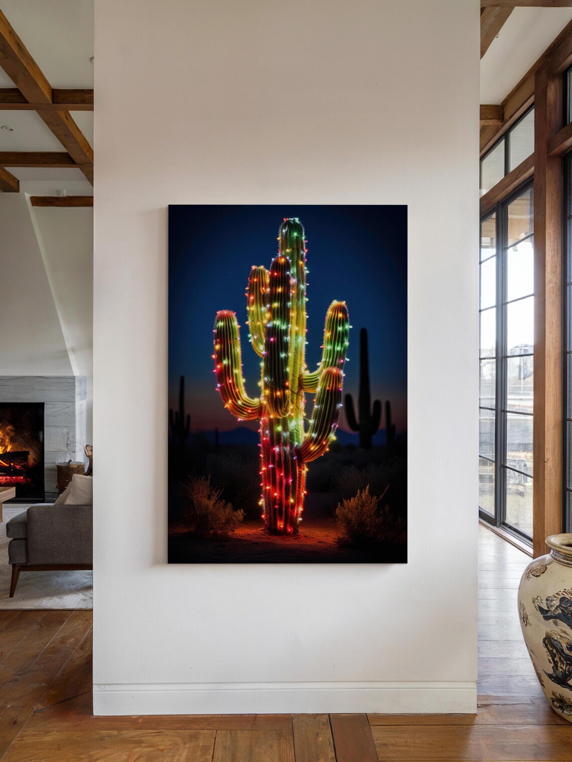 Saguaro Cactus Christmas Lights Desert Night Southwestern Art Poster