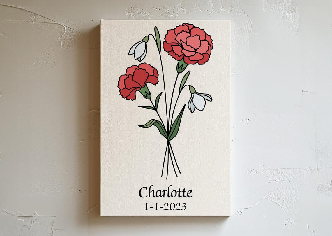 Personalized January Birth Flower Carnation Snowdrop Botanical Poster