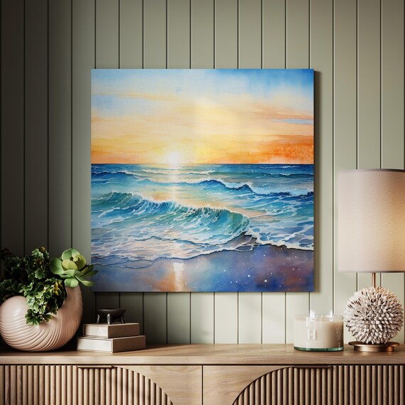 Ocean Wave Sunset Teal Blue Surf Watercolor Seascape Art Poster