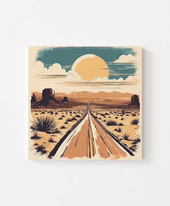 Retro Desert Landscape Wall Art Print Desert Wall Decor Southwestern Decor Desert Wall Hanging Vintage Desert Road Painting