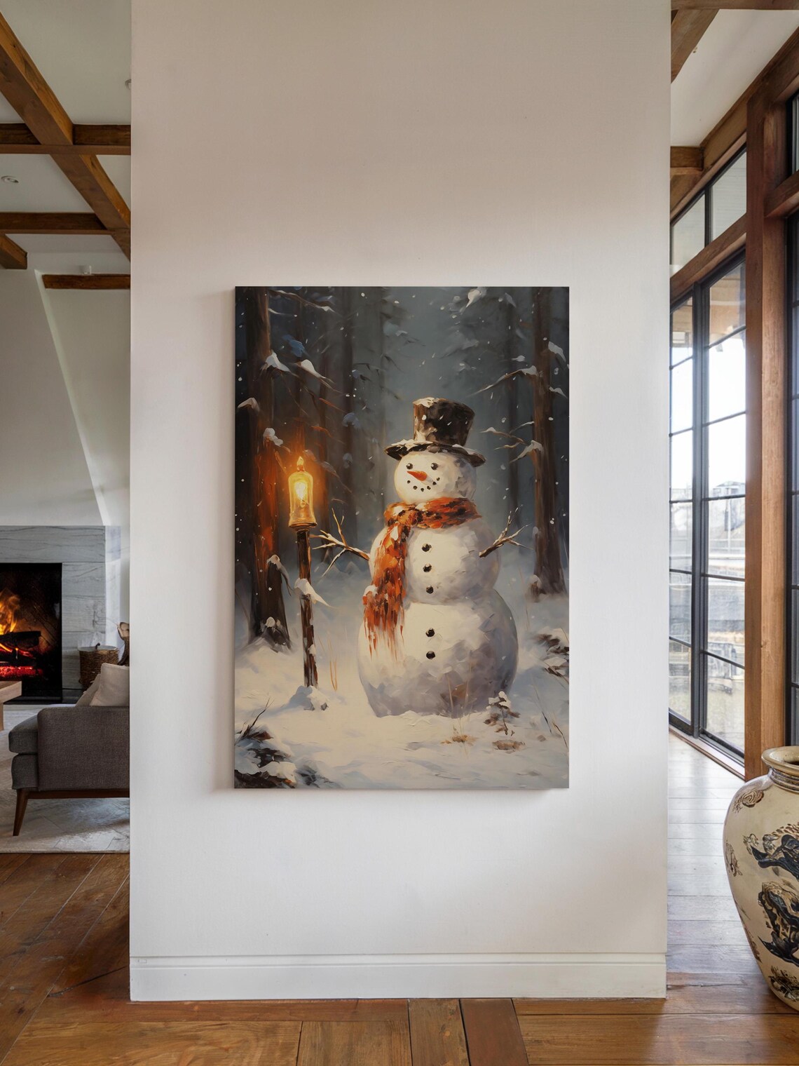 Vintage Snowman Winter Forest Lantern Snowy Christmas Art Poster