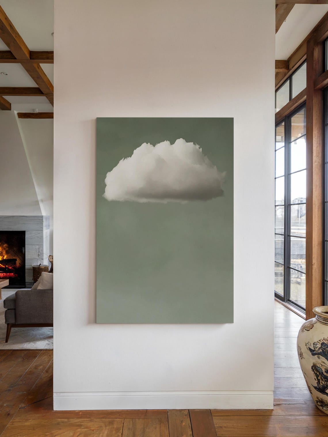White Cloud On Sage Green Sky Minimalist Modern Calm Wall Art Poster