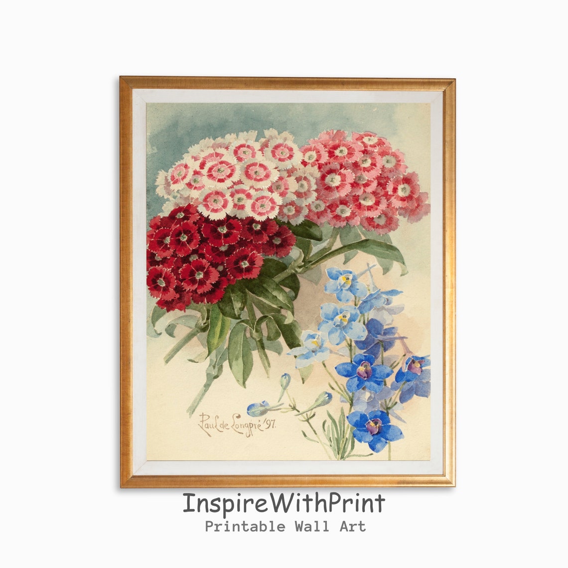 Vintage Paul de Longpre Carnations Delphinium Botanical Art Poster