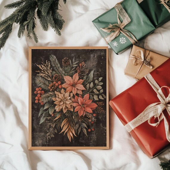 Vintage Christmas Botanical With Poinsettias On Dark Background Poster