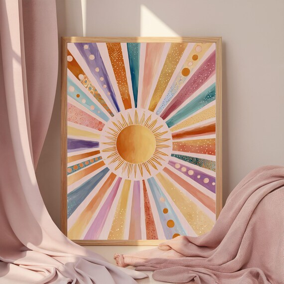 Boho Sun Print Colorful Wall Art Abstract Sunrise Midcentury Modern Playroom Poster Nursery
