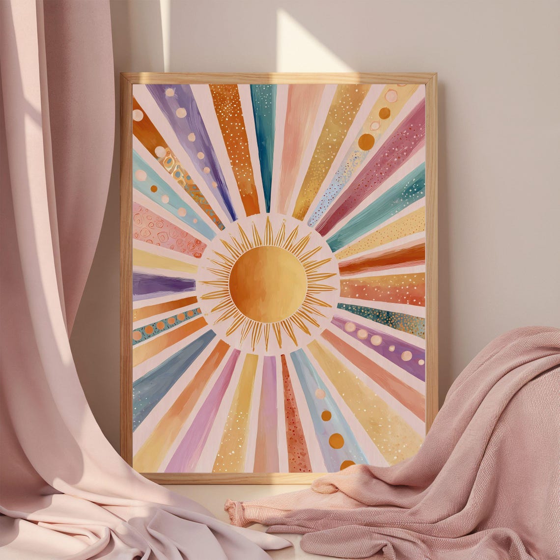 Colorful Boho Sunburst with a Spiky Golden Sun Center Poster
