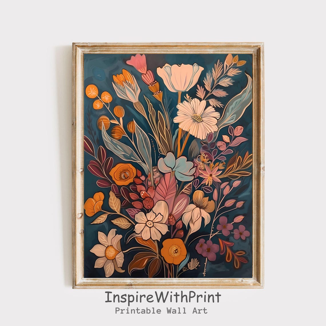 Daisy and Aster Tall Midcentury Wildflower Bouquet Teal Poster