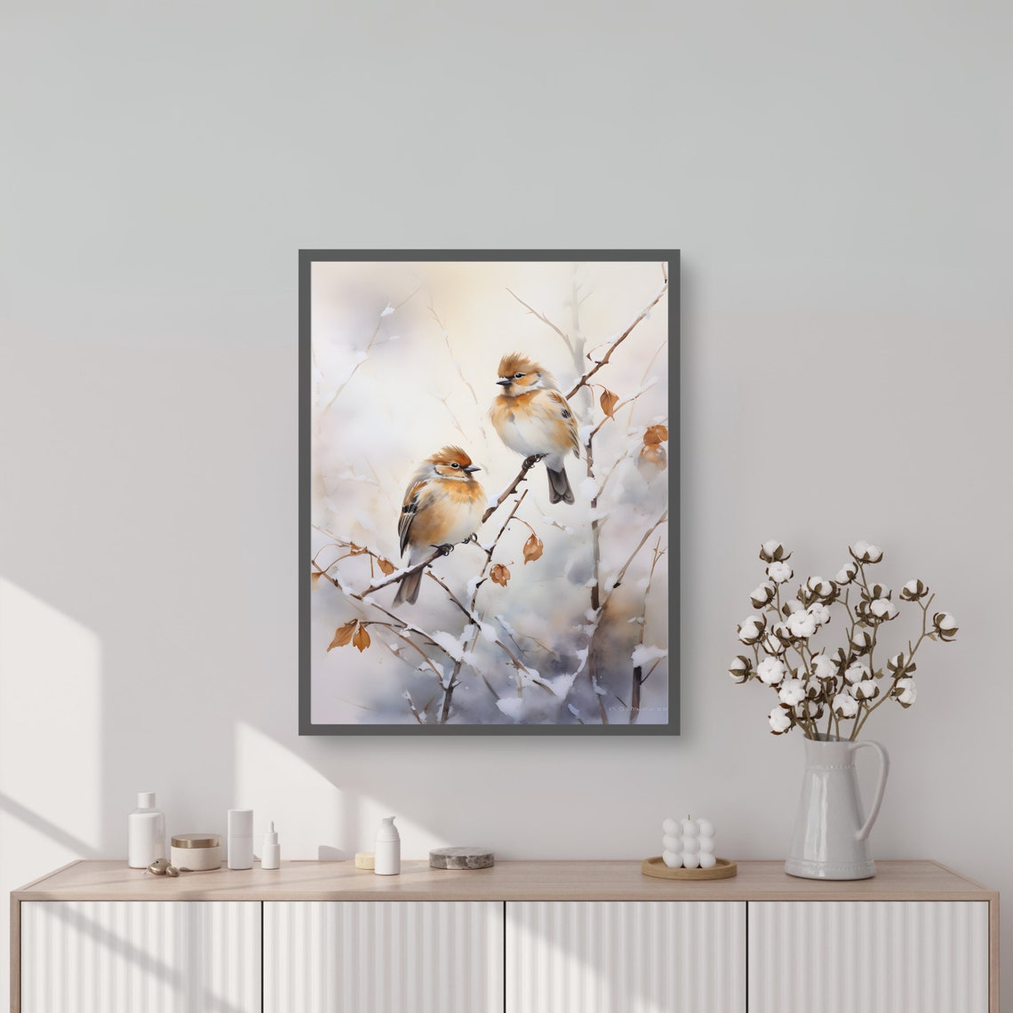 Winter Sparrows Pair On Snowy Branch Soft Watercolor Bird Poster