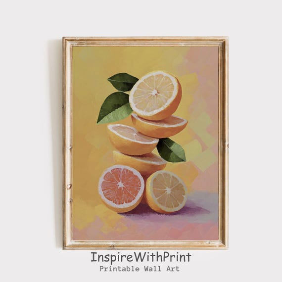 Yellow Lemon Wall Art Vintage Style Fruit Poster Retro Kitchen Print Patel Colors Summer
