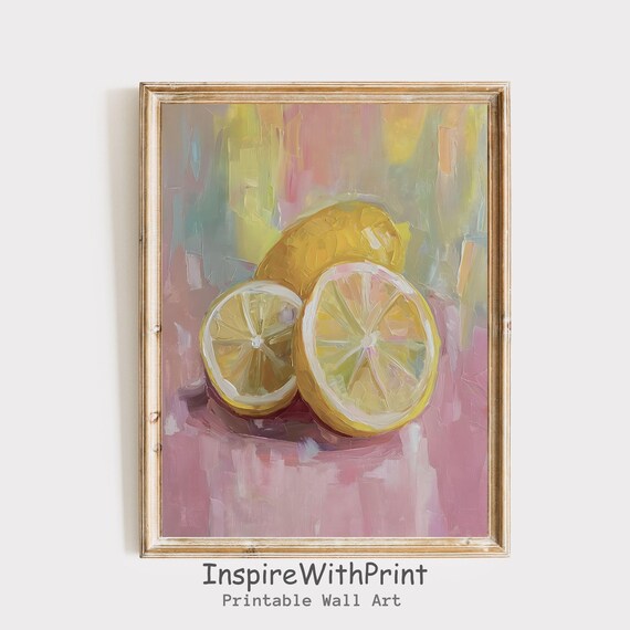 Sliced Lemons On Pink Oil Painting Still Life Vibrant Fruit Kitchen Print