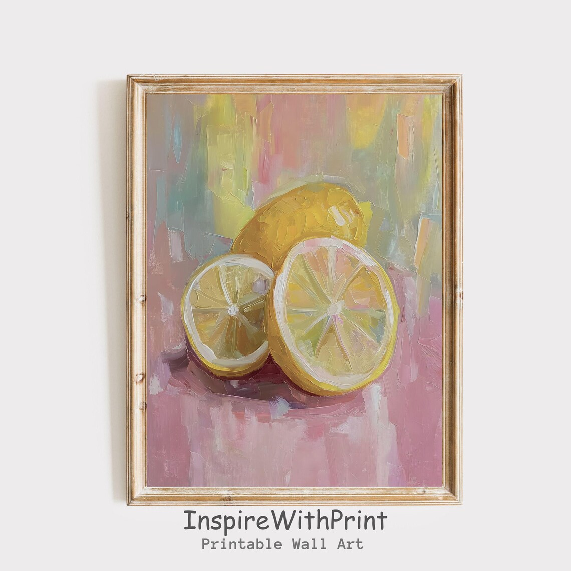 Sliced Lemons On Pink Oil Painting Still Life Vibrant Fruit Kitchen Print