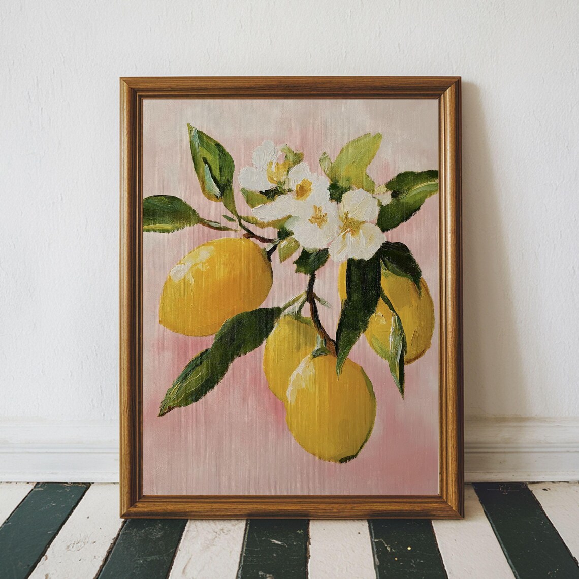 Lemon Branch Painting White Blossoms Pastel Vintage Fruit Wall Art