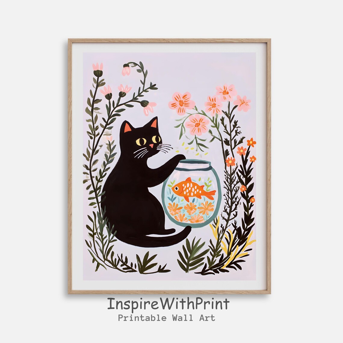 Black Cat Holding Goldfish Bowl Funny Pink Floral Illustration Poster