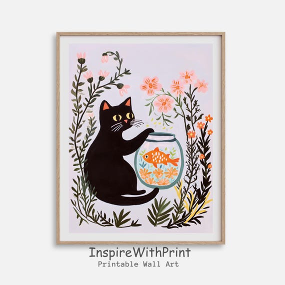 Cat Playing With Fish Bowl Print Matisse Black Wall Art And Floral Funny Pastel Inspired