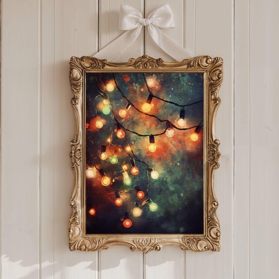 Moody Christmas Lights Wall Art Colorful Prints Dark Rustic Decor Festive Holiday