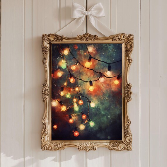 Vintage Colorful Christmas String Lights Glowing On Dark Poster