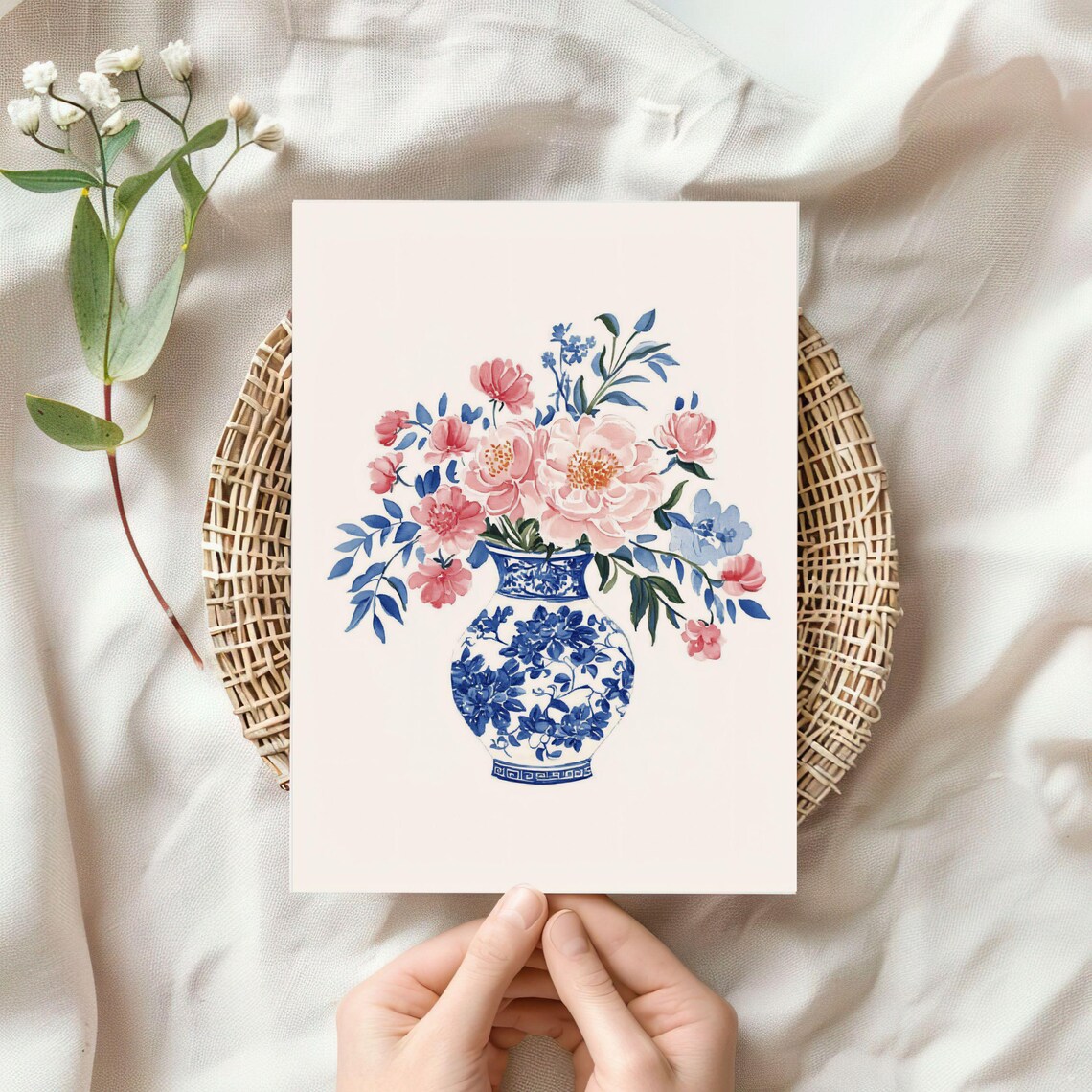 Watercolor Pink Peonies Blue White Chinoiserie Vase Floral Print