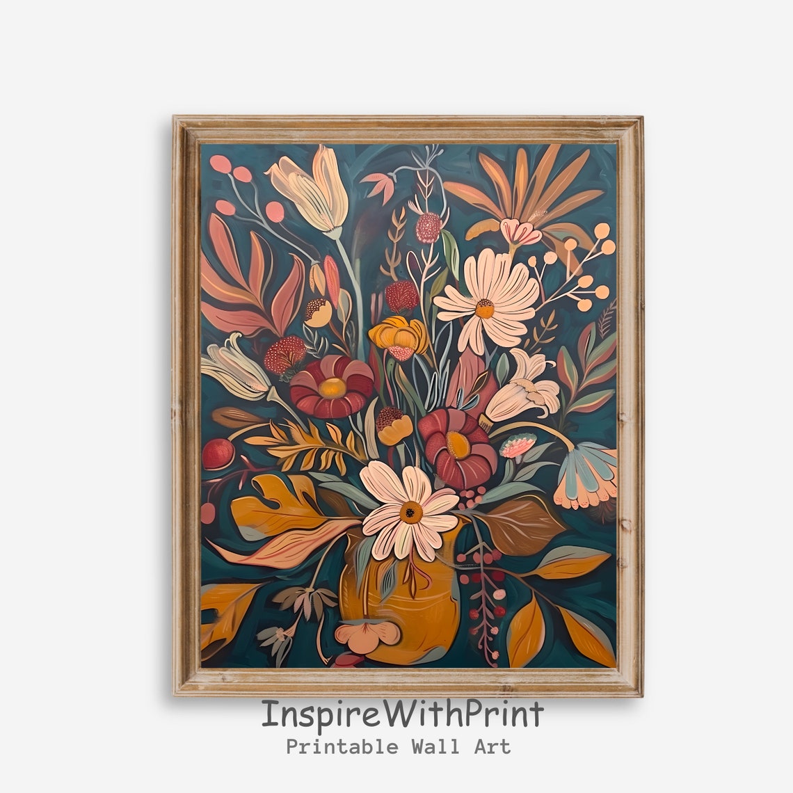 Floral Bouquet Midcentury Illustration on Deep Teal Background Poster