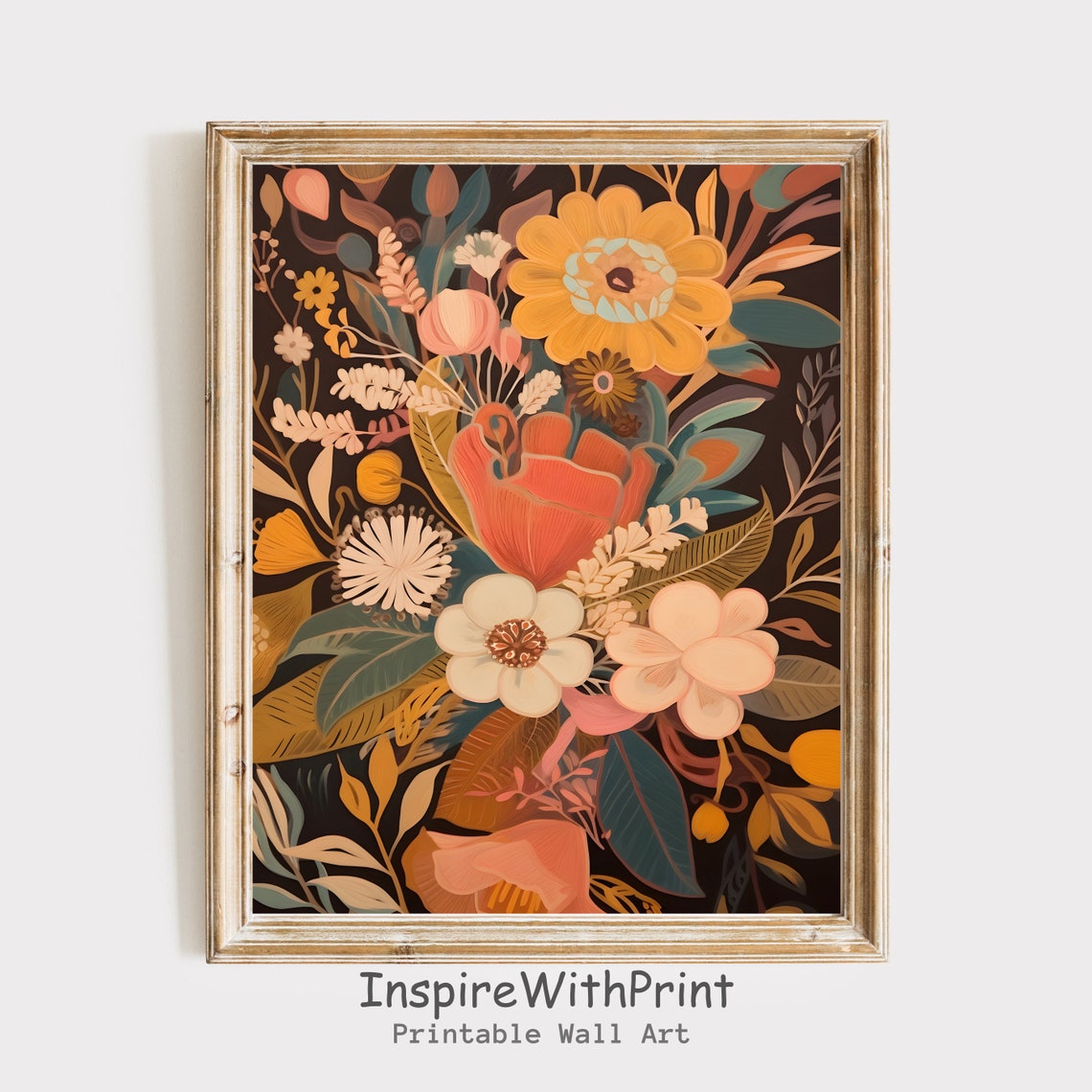 Autumn Botanical Flower Bouquet Vintage Dark Brown Background Poster
