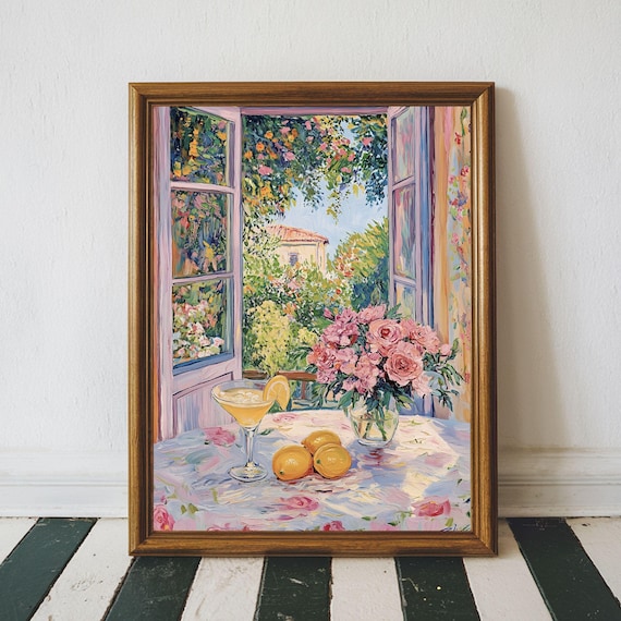 Sunlit Garden View Through Open Window With Roses and Cocktail Poster