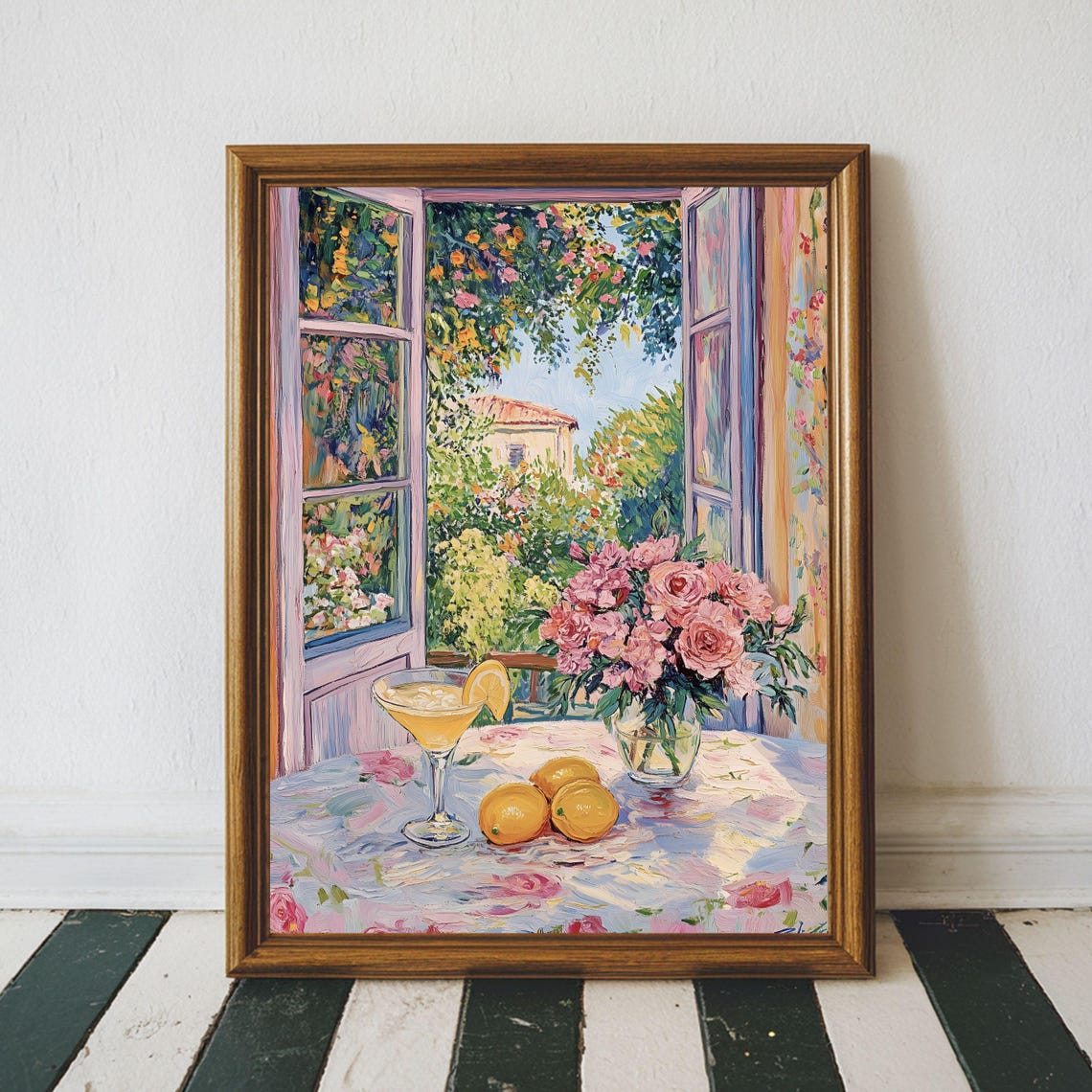 Sunlit Garden View Through Open Window With Roses and Cocktail Poster