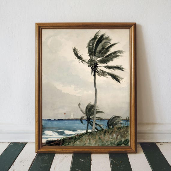 Vintage Seascape Art Beach Wall Coastal Landscape Print Palm Trees Painting Summer Decor Moody Nautical