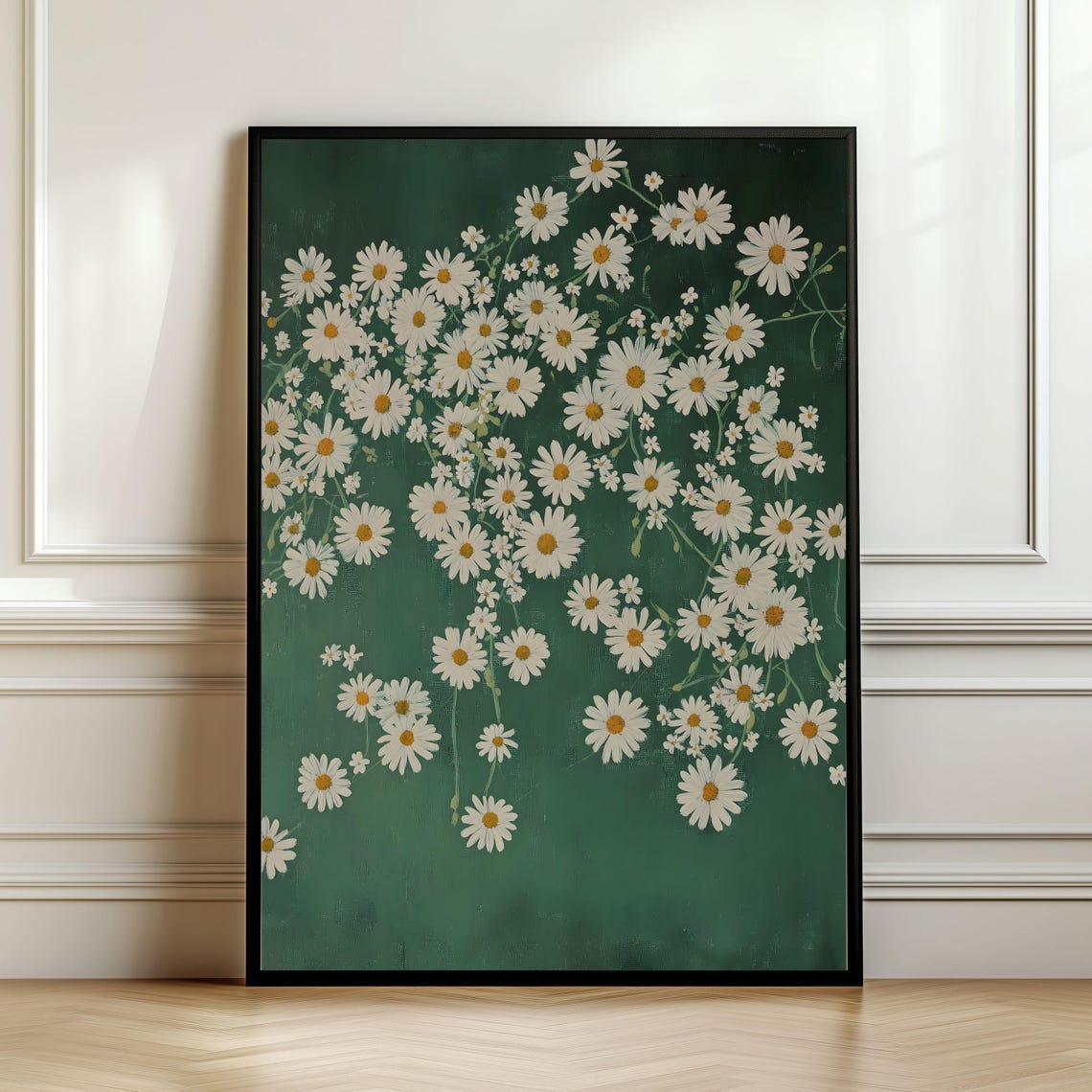 White Daisies on Emerald Green Moody Vintage Botanical Floral Wall Art