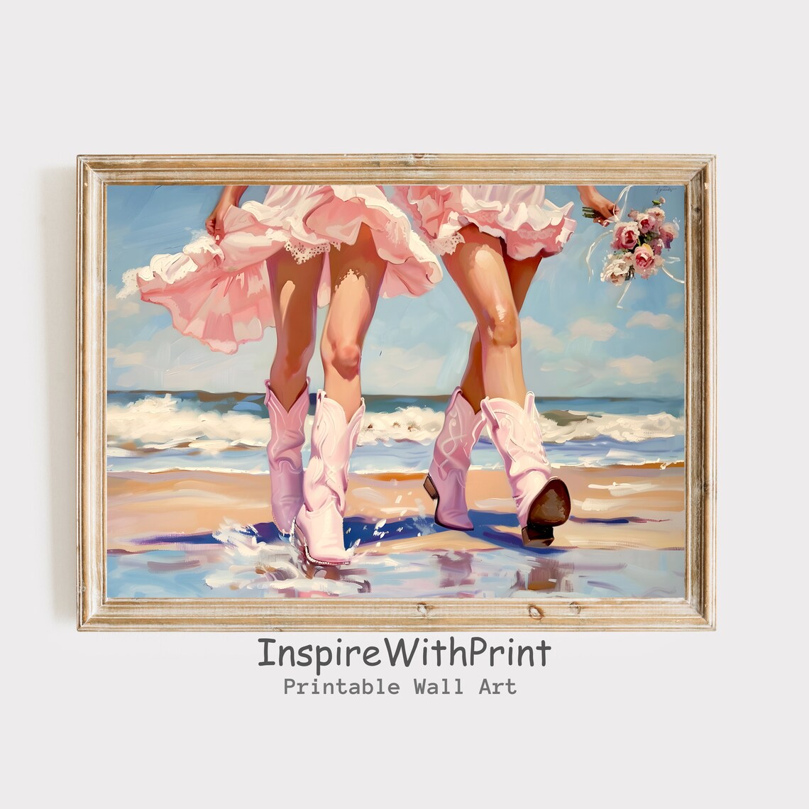 Pink Cowgirl Boots on the Beach Western Coastal Summer Art Poster