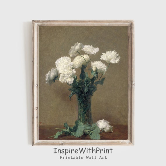 Moody White Flower Still Life Painting Vintage Floral Artful Print Botanical Wall Art Antique