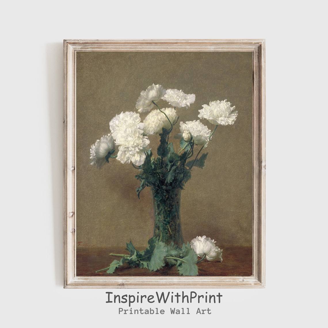 White Peonies in a Glass Vase Vintage Botanical Still Life Art Print