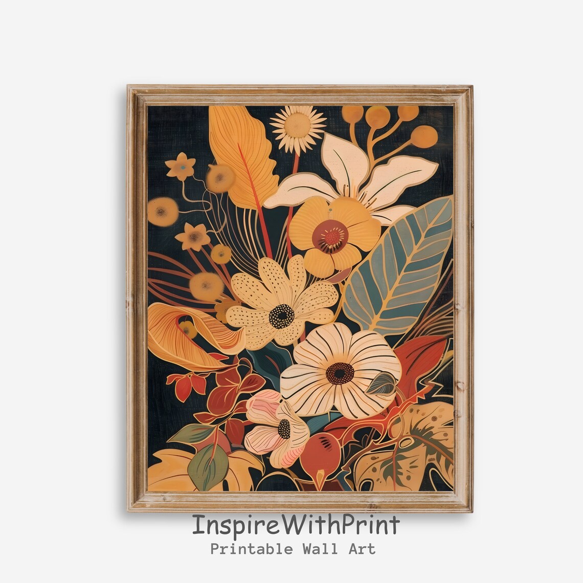 Midcentury Floral Bouquet Autumn Colors Dark Navy Background Poster
