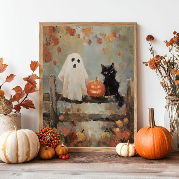 Cute With Black Cat Print Fall Spooky Halloween Painting Autumn Dark Cottagcore Art Trendy Jack O Lantern