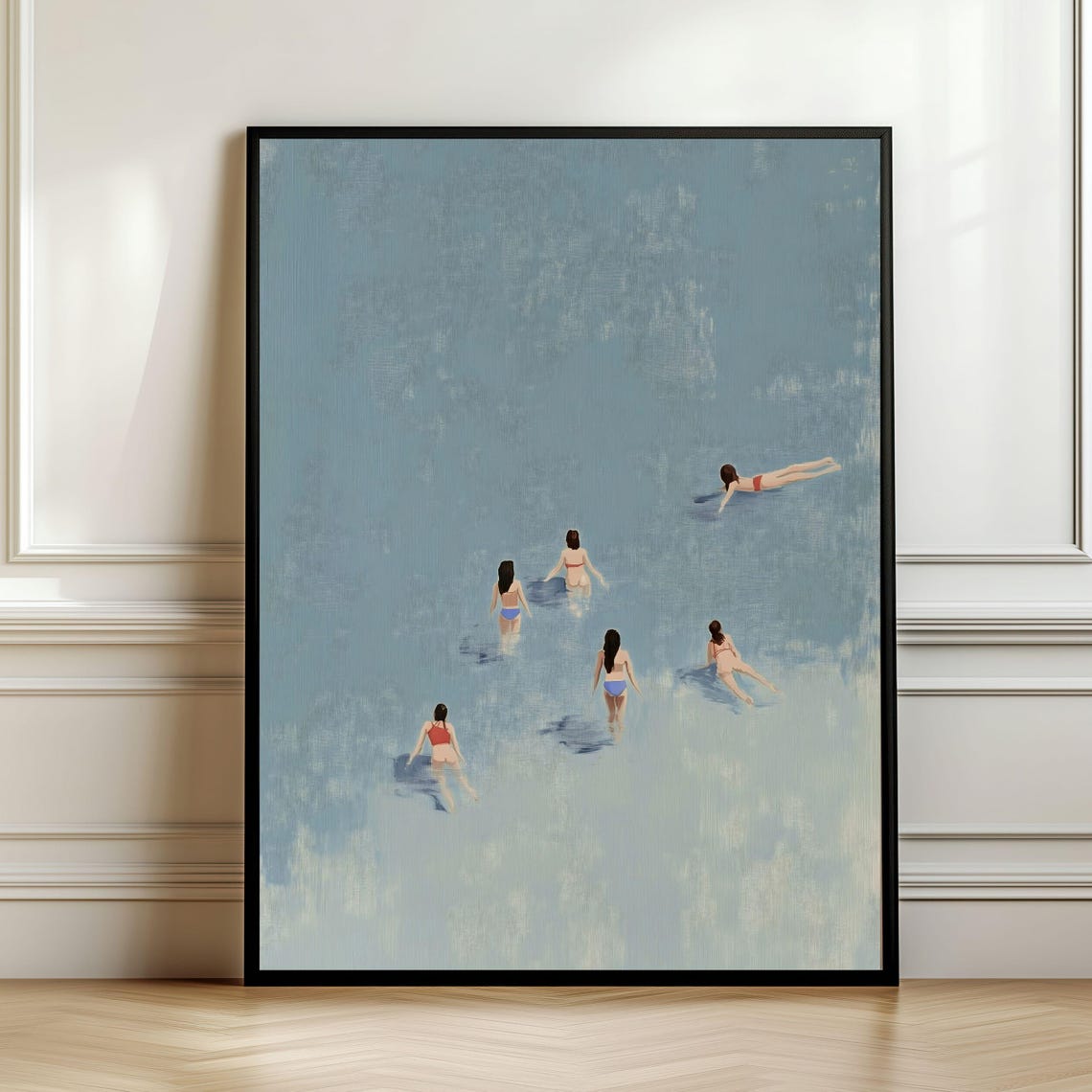 Six Swimmers in Blue Ocean Minimalist Summer Beach Art Poster