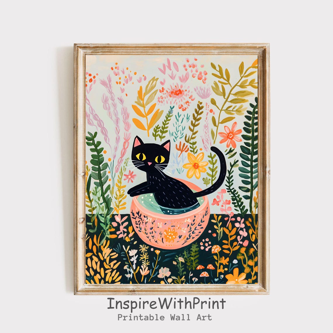 Cute Black Cat Bathing In Floral Bowl Matisse Inspired Wall Art