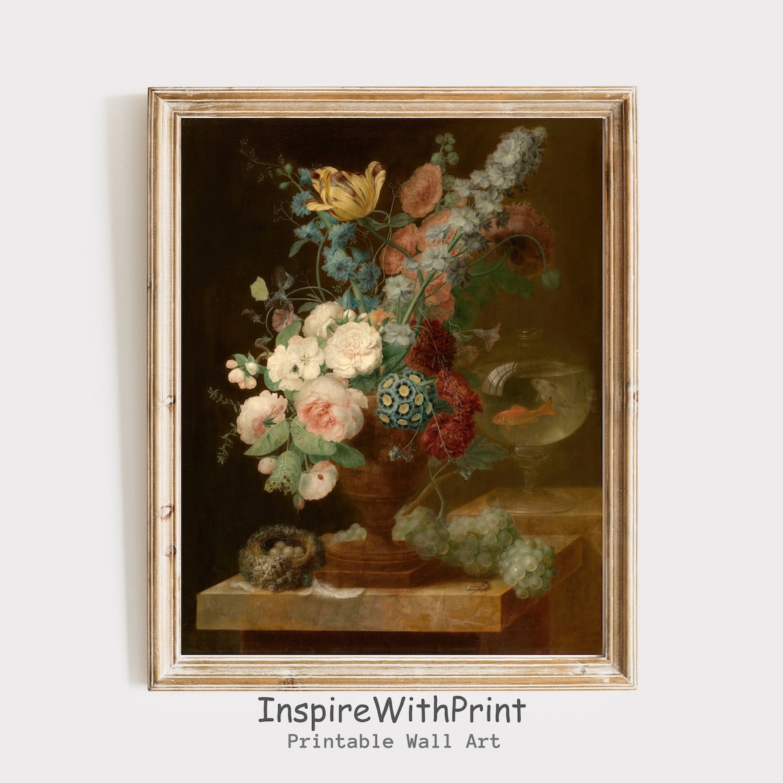 Vintage Floral Still Life With Bird Nest And Goldfish Oil Art Print
