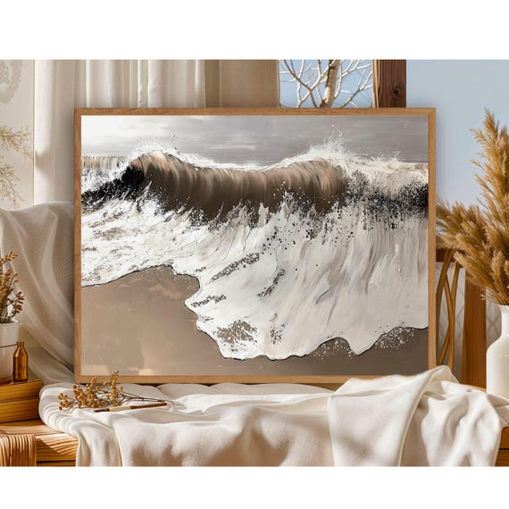 Rustic Coastal Landscape Wall Art Boho Beach Print Moody Ocean Wave Neutral Seascape Decor Waves Painting