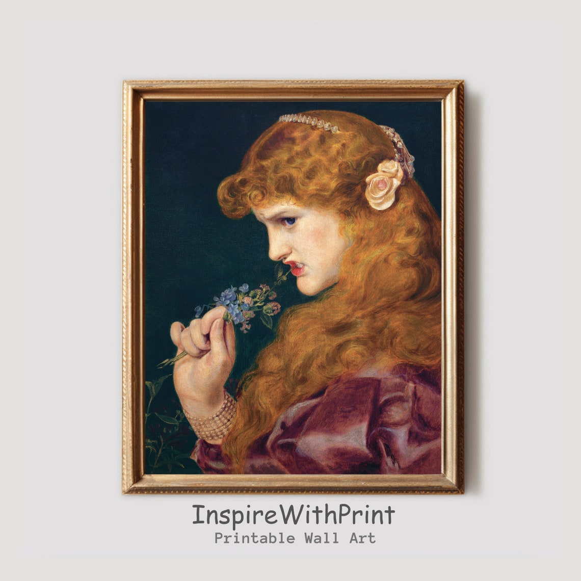 Red Haired Woman Smelling Violets Vintage Portrait Painting Print