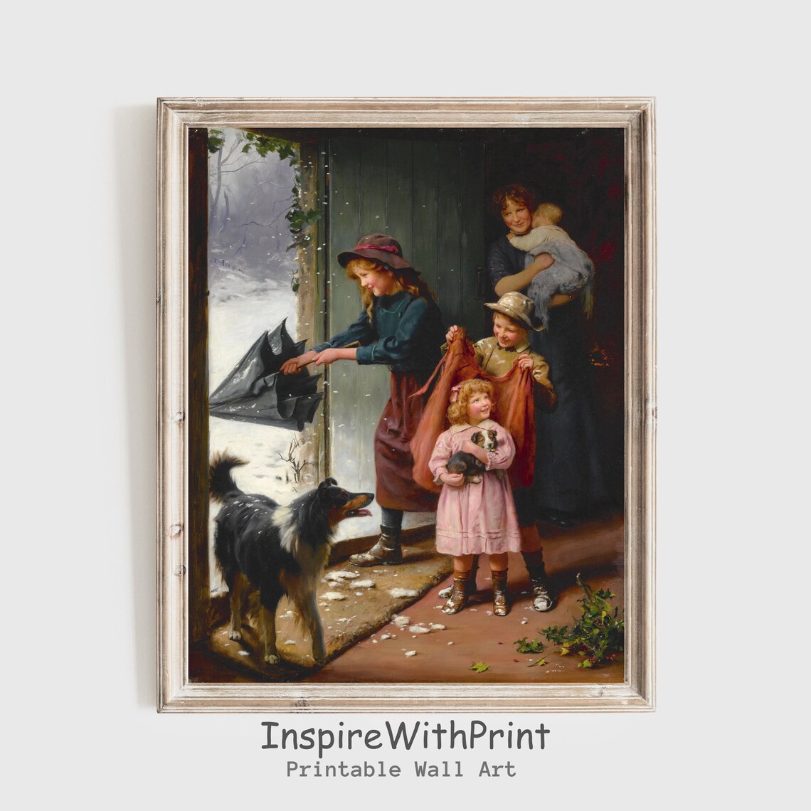 Victorian Children With Dog Snowy Winter Scene Vintage Art Poster